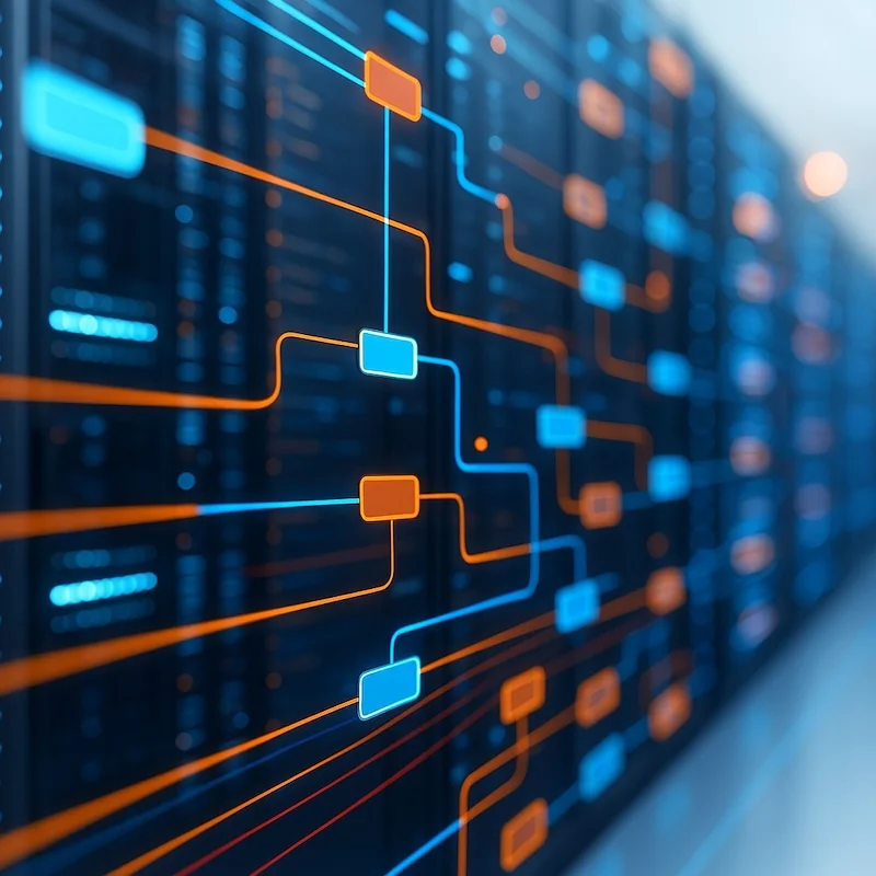 Moderne Server-Infrastruktur mit Netzwerk-Vernetzung und Datenfluss